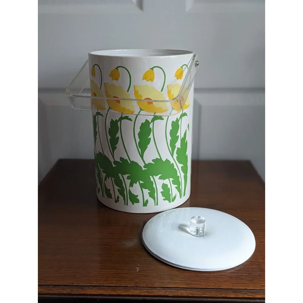 Vintage‎ 1970s Ice Bucket Yellow Poppies Bold Floral Print Padded White Vinyl